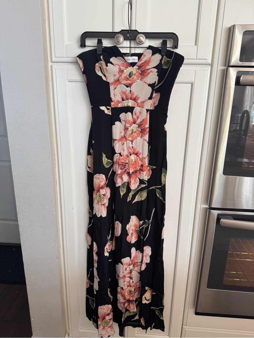 Strapless Black Maxi Dress with Pink Floral Print